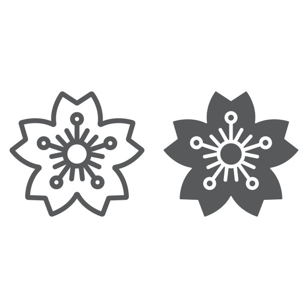 樱花线和字形图标，日本和花，樱花标志，矢量图形，白色背景上的线性图案。图片下载