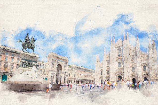 数字水彩画《米兰大教堂》和维托里奥·埃马努埃莱画廊，位于意大利米兰大教堂广场广场广场图片下载