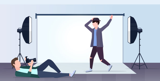 专业摄影师躺在现代照相馆室内拍摄男子模特摆姿势全长平躺图片下载