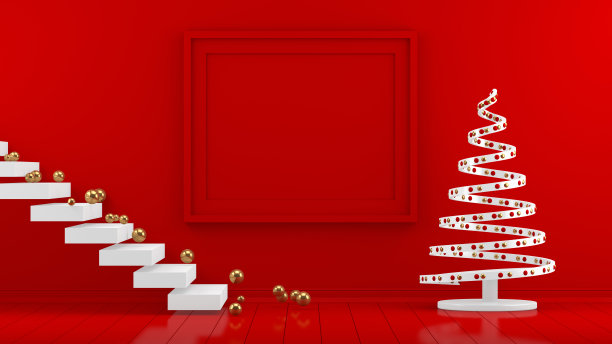 3D最小新年，圣诞节概念在红色客厅与空框架图片下载