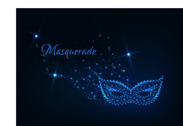 假面舞会抽象的背景与发光低聚狂欢节面具，星星和文字上的深蓝色。图片下载
