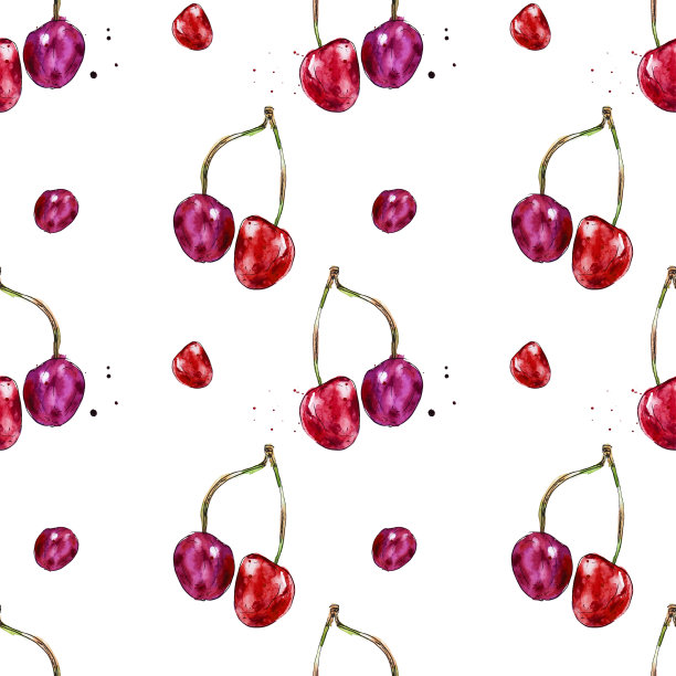 水彩无缝图案从红色多汁的樱桃。草图。手绘食物插图。图片下载