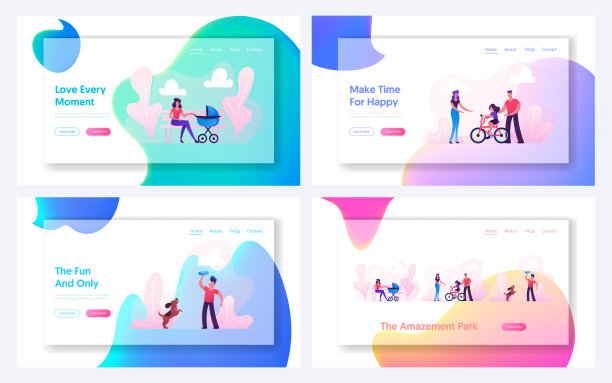 夏季户外活动网站登陆页设置。人们在公园散步，女人与婴儿推车，父母教孩子骑自行车，男孩与狗网页横幅卡通平面矢量插图图片下载
