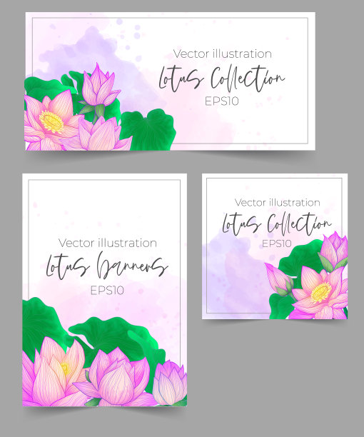向量横幅模板荷花，花的按钮和叶子手绘插图与水彩模仿。小册子与睡莲艺术和油漆溅在粉红色的颜色图片下载