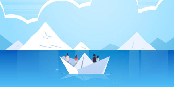 人们群漂浮在纸船上，后视图，男，女团队旅行，在羊发现概念，混合种族，男，女，卡通人物，山，海景，背景，平，水平图片下载