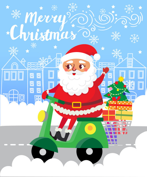 圣诞老人骑着摩托车带着礼物在城市里图片下载