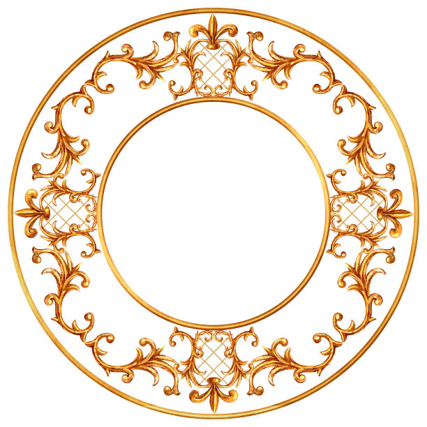 巴洛克风格的元素。水彩手绘复古雕刻花卷金银丝设计框架。图片下载