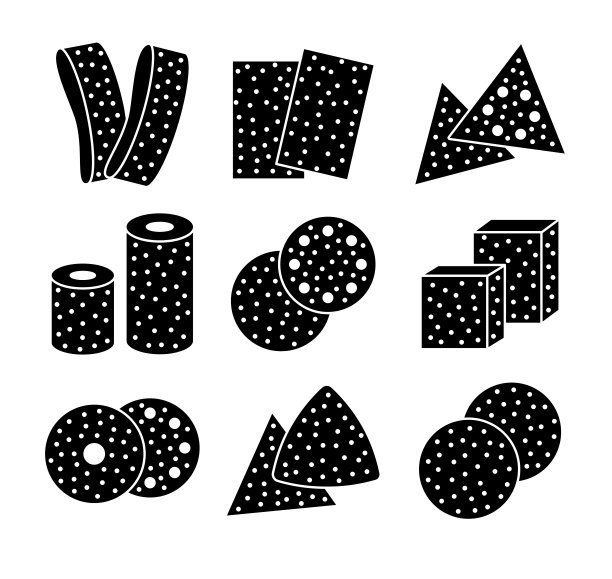 砂纸片，圆盘，滚筒，三角形。黑白矢量图的砂砂纸。扁平的图标设置玻璃纸图片下载