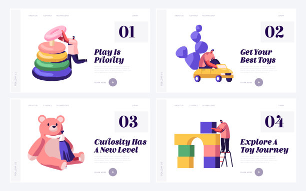 儿童玩具网站登陆页面设置。小男女角色在操场上玩婴儿玩具，男女游戏活动网页横幅。卡通平面矢量插图图片下载