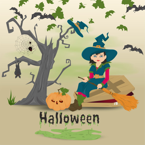 扁平风格万圣节儿童插画，女巫棺材图片下载
