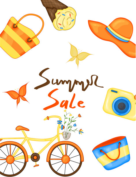 夏季时间矢量横幅设计的文字和彩色沙滩元素在白色的背景。矢量图图片下载