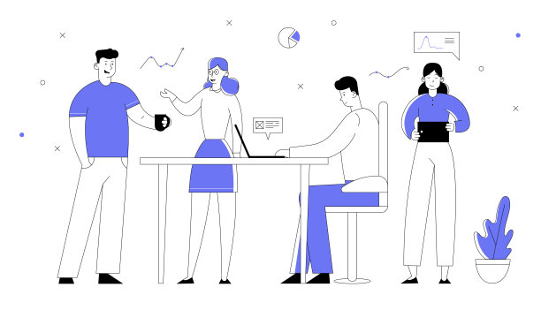 办公室员工工作流程。商界女性经理团队开发创意项目。商业人物角色团队工作组卡通平面矢量插图，线条艺术风格图片下载