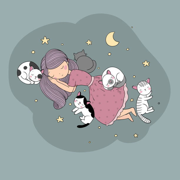 睡在床上的女孩和猫。晚安，各位。甜蜜的梦想。矢量插图。床上的时间。白色背景上孤立的物体。图片下载