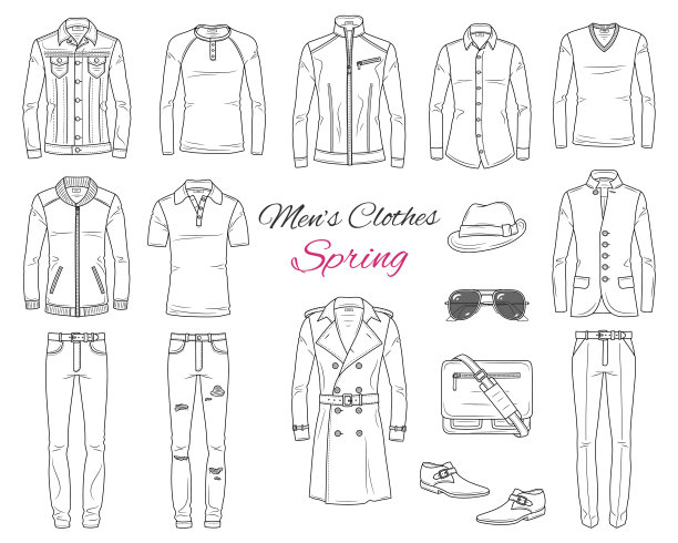 男装时尚套装，服装及配饰，春装:外套，夹克，牛仔裤裤子，衬衫，运动装，太阳镜和背包，矢量草图插图，孤立在白色背景。图片下载