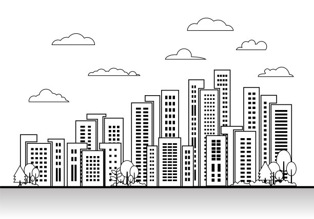 城市小镇向量上以白色为背景，线条建筑景观设计元素集合图片下载