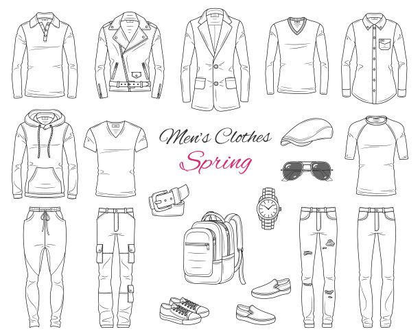 男装时尚套装，服装及配饰，春装:外套，夹克，牛仔裤裤子，衬衫，运动装，太阳镜和背包，矢量草图插图，孤立在白色背景。图片下载