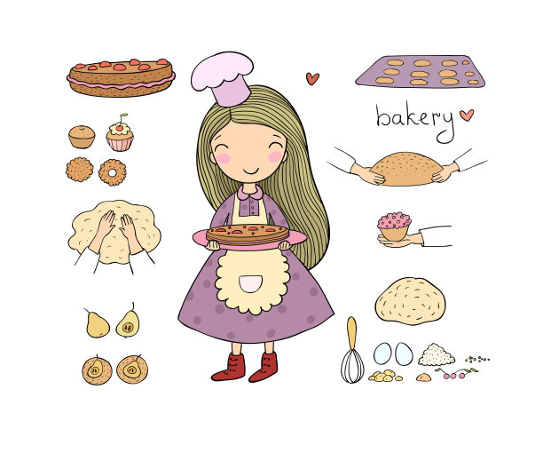卡通女孩在白色的背景上烤蛋糕。可爱的女人在厨房做饭。小面包店。图片下载