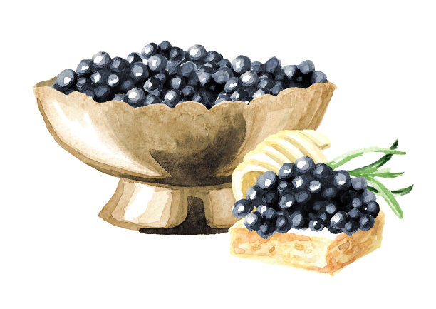 一碗黑鱼子酱和一个用黄油和香草装饰的三明治。水彩手绘插图孤立的白色背景图片下载