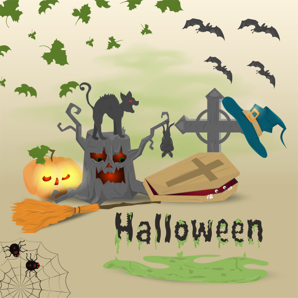 儿童平面插画，主题为万圣节前夕，可怕的树桩和一只猫，棺材和扫帚图片下载