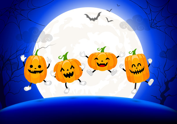 可爱的卡通南瓜人物在月夜。图片下载