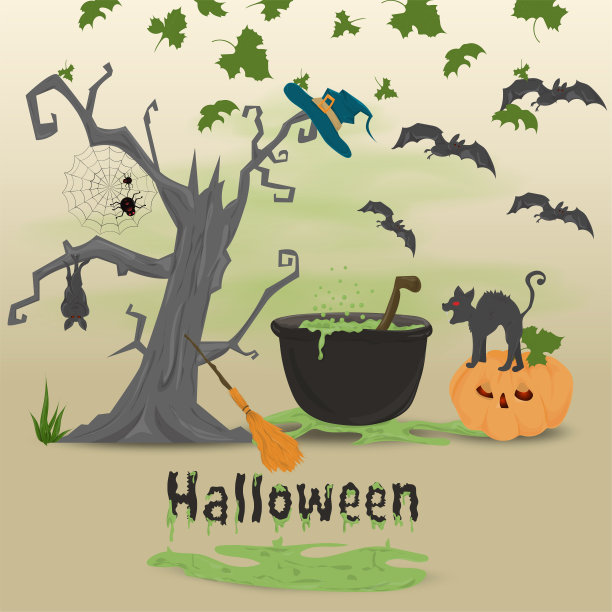 儿童插画平面风格，主题为万圣节前夜、恐怖树、药水罐和南瓜图片下载