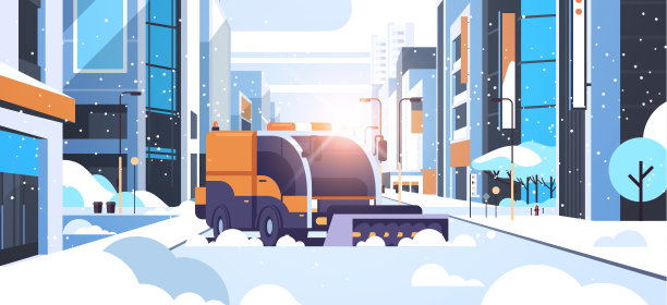扫雪车清扫市区街道与摩天大楼商业建筑冬季除雪概念阳光城市景观背景平水平图片下载