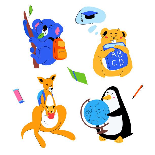 动物学生-平面设计风格的卡通人物集图片下载