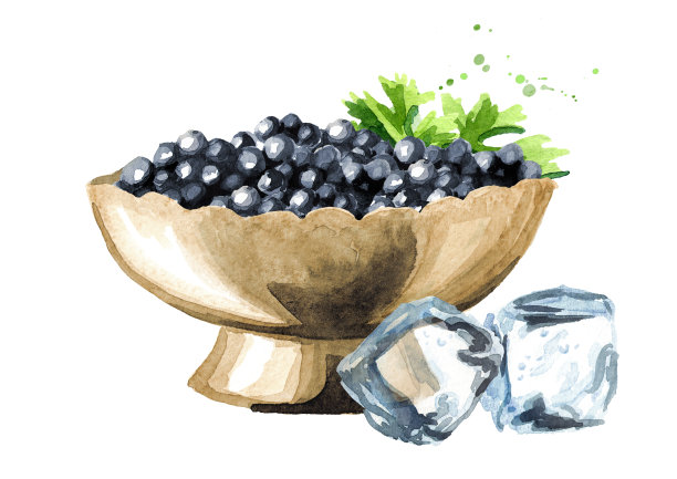 黑鱼子酱在碗里。水彩手绘插图孤立的白色背景图片下载