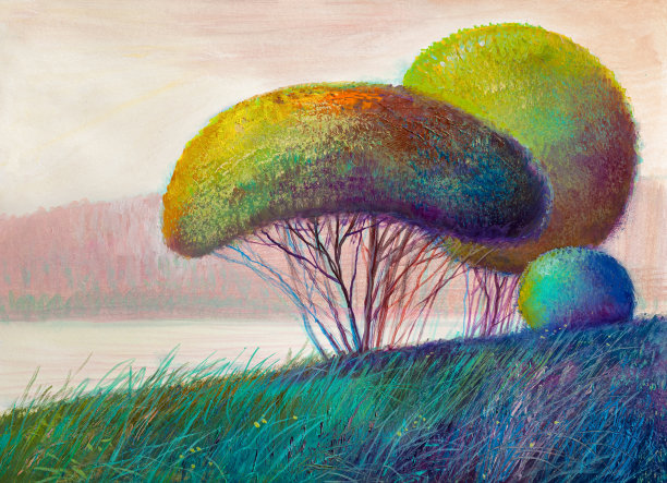 早晨的风景与树木和河流。素材图片