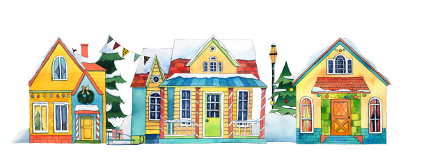 水彩冬天街村庄城市房子。图片下载