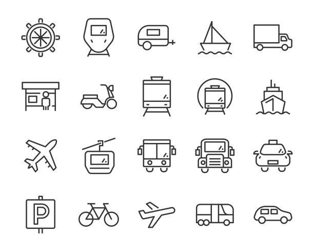 交通工具图标集——汽车、巴士、自行车、火车图片下载