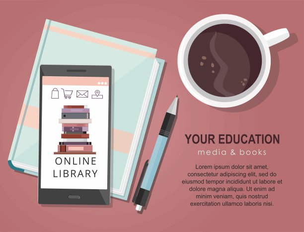 网上学习、教育、网上图书馆或书店。手机应用程序。俯视图图片下载