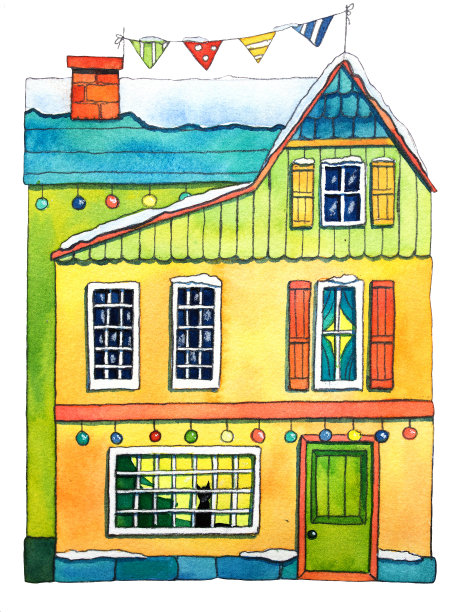 冬天的房子有雪和旗帜。图片下载