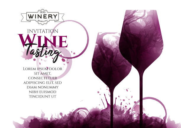 插图的两个葡萄酒杯与红酒污点，矢量。葡萄酒，液体，水滴，玻璃圈。为葡萄酒设计绘图。活动，聚会，展示，促销，菜单，书封面。图片下载