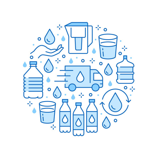 纯净水矢量圆横幅与平面线图标。水过滤器，饮用液体，玻璃，办公室冷却器矢量插图。瓶子运送的单薄标志。蓝色图片下载