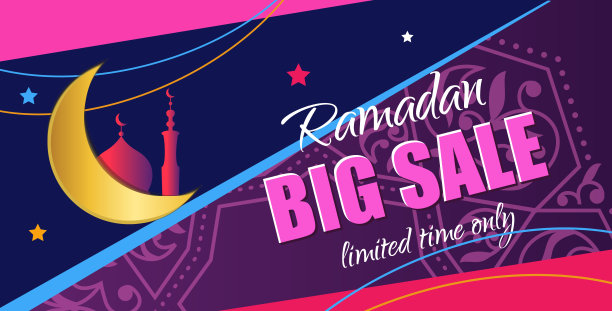 斋月大拍卖。设计垂直的网页横幅与美丽的新月和星星在金色和紫色。矢量图图片下载