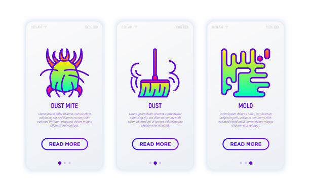 过敏原细线图标设置:灰尘，尘螨，霉菌。矢量插图。图片下载
