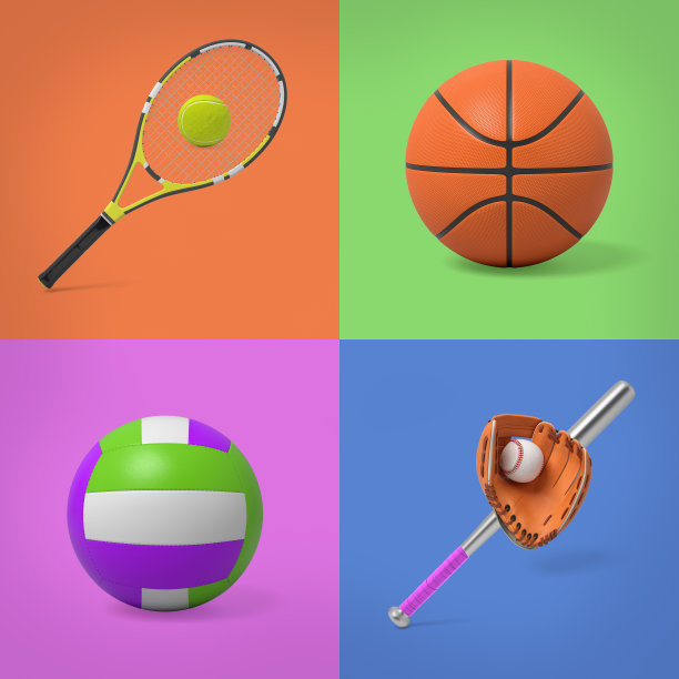 三维渲染的网球，篮球，排球和棒球设置在四种颜色的背景图片下载