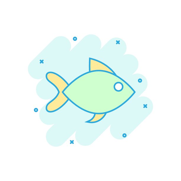 漫画风格的鱼标志图标。金鱼矢量卡通插图在白色孤立的背景。海产品经营理念喷溅效应。图片下载