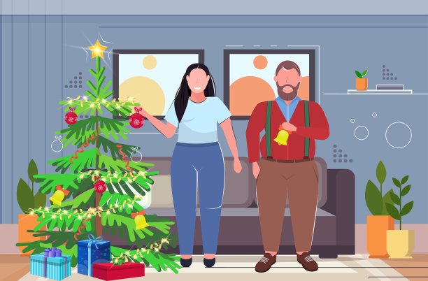 肥胖夫妇装饰圣诞树超重的男人女人花时间在一起寒假概念现代客厅室内平全长水平图片下载