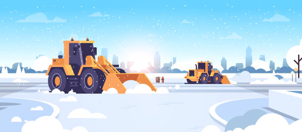 扫雪机拖拉机清扫城市雪道冬季街道除雪概念现代城市景观阳光背景平坦水平图片下载
