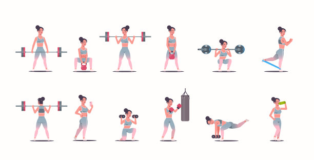 集运动女孩做不同的运动，从事体育运动活动，收集有吸引力的运动女性在运动服装训练锻炼健康的生活理念全长水平图片下载