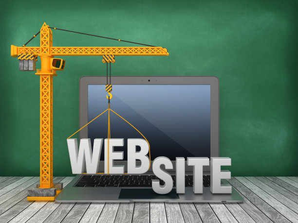 塔吊和笔记本电脑与网站字在黑板背景- 3D渲染图片下载