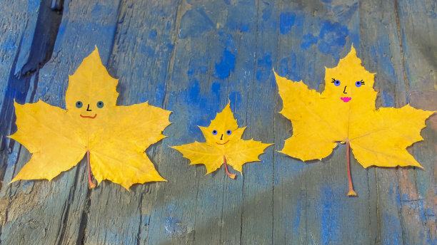 蓝色的木头表面上躺着三片黄色的枫叶，上面画着欢快的口部图片下载