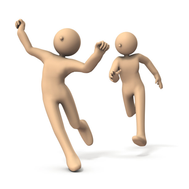 这两个角色正在逃跑。一个是后视图。白色背景。3 d演示。图片下载