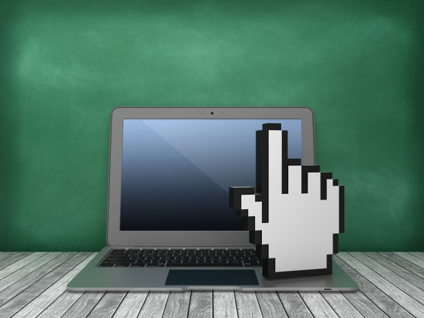 笔记本电脑与电脑手光标在黑板背景- 3D渲染图片下载