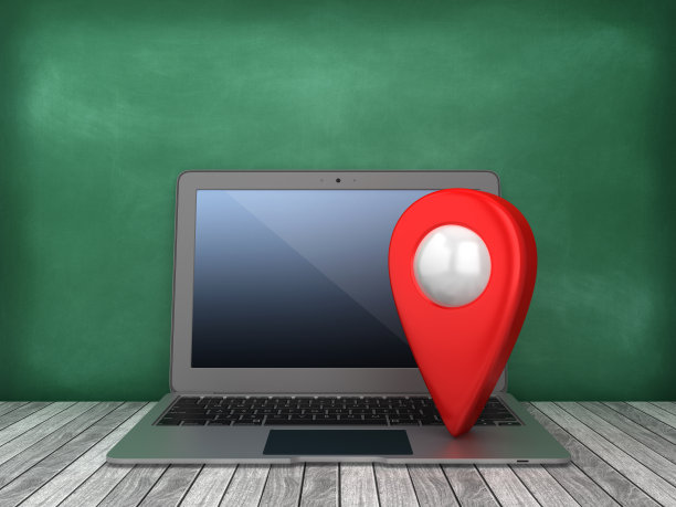 笔记本电脑与GPS标记在黑板背景- 3D渲染图片下载