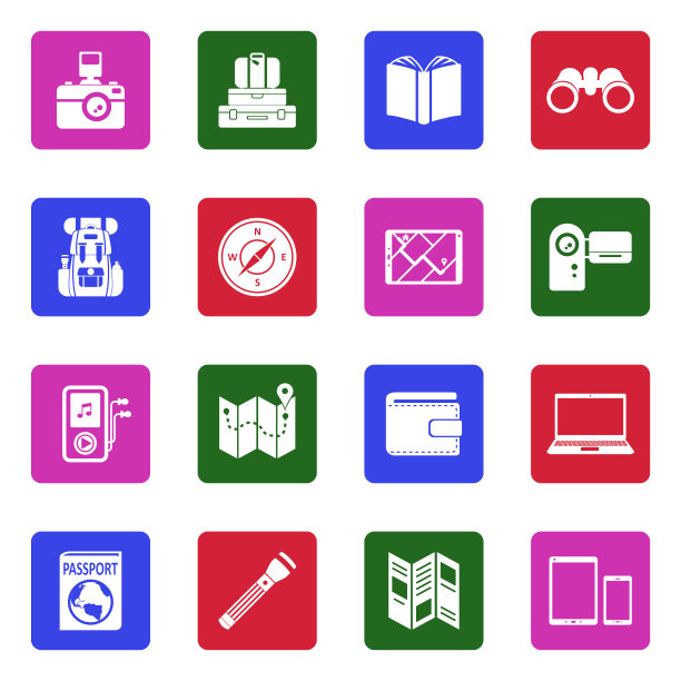 旅行工具图标。广场上的白色平面设计。矢量插图。图片下载