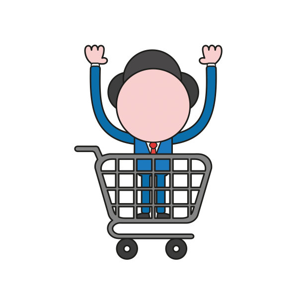 矢量插图的商人性格站在购物车里。颜色和黑色轮廓。图片下载