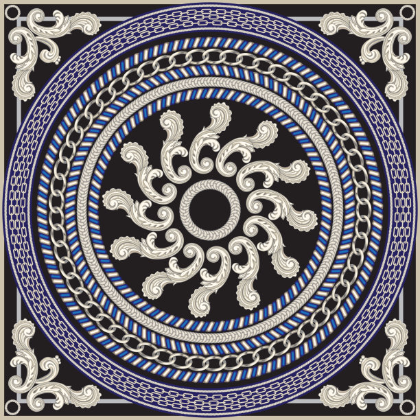 矢量披巾打印在一个深蓝色和黑色的背景。时尚的银链图案，巴洛克式的和刺叶。围巾、大手帕、围巾、手帕、丝织品补丁、地毯图片下载